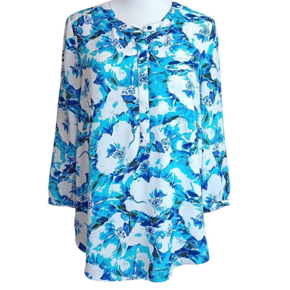 NYDJ Blouse Top S‎ Floral Pleats Popover Dressy Career Office Event Colorful